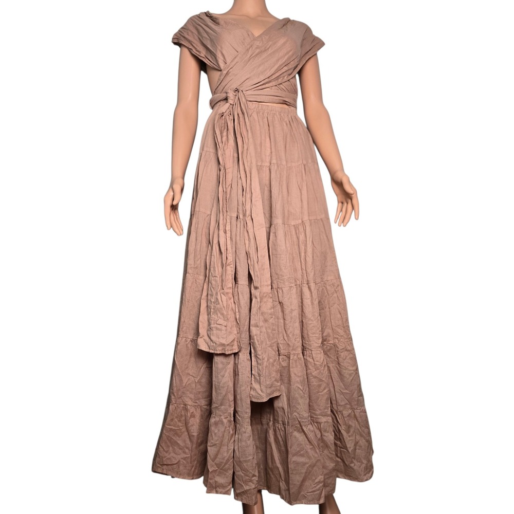 AYA Sacred Wear Raw Cotton 2pc Wrap Set Tiered Maxi Skirt Boho Goddess Tan OS
